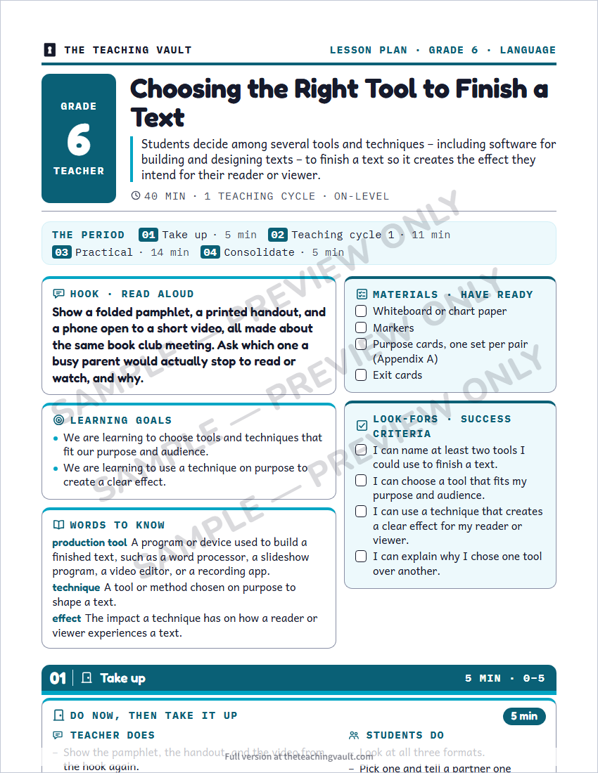Sample lesson plan page
