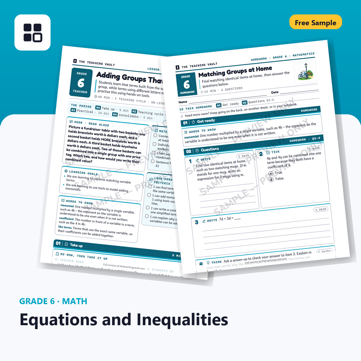 Grade 6 Equations Free Sample cover
