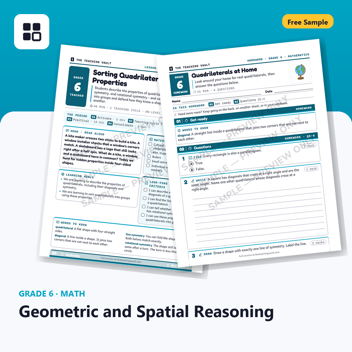 Grade 6 Geometric and Spatial Reasoning Free Sample cover