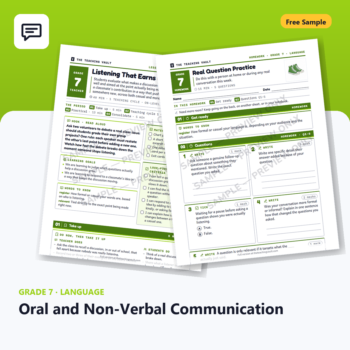 Free Grade 7 Language Oral and Non-Verbal Communication lesson sample cover