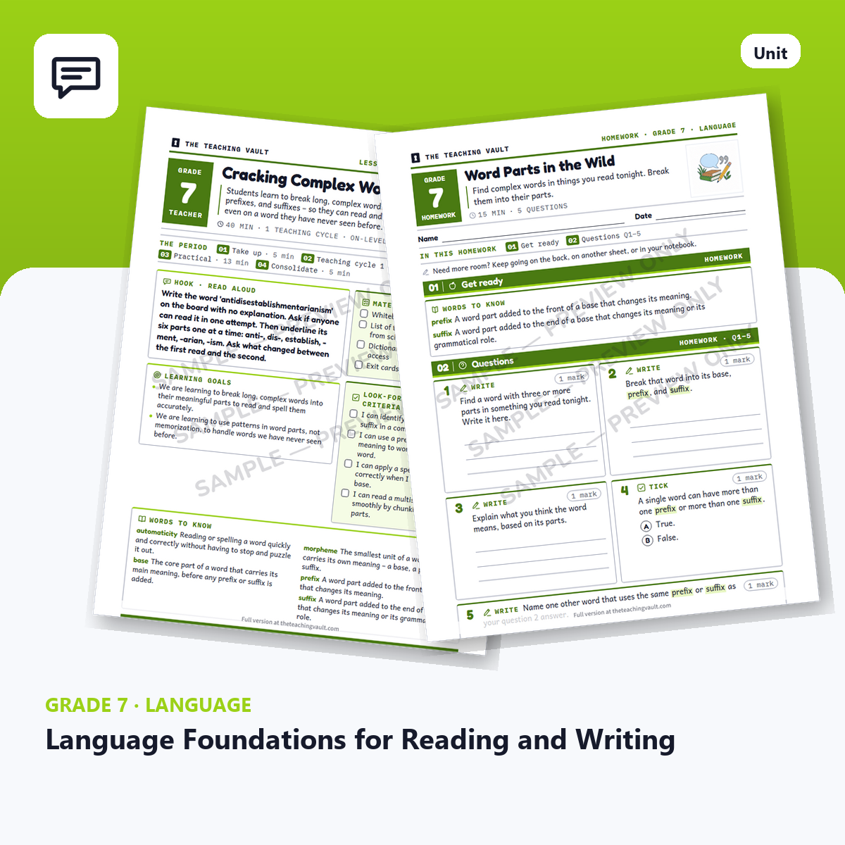 Grade 7 Language Foundations for Reading and Writing — Full Unit (Unit 5 of 12) cover