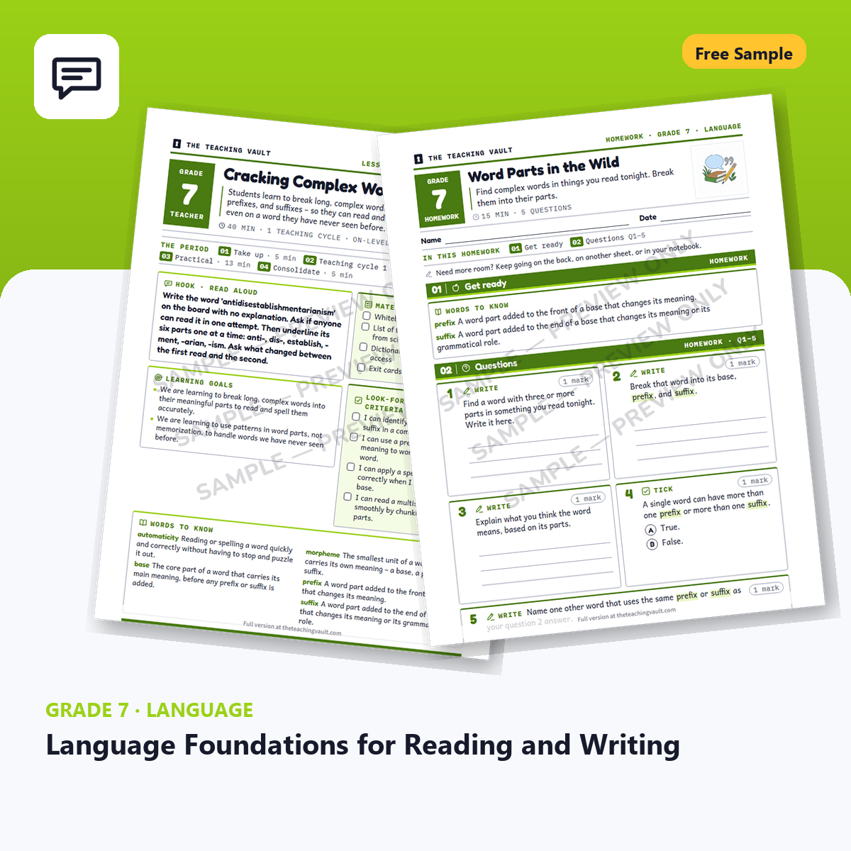 Free Grade 7 Language Foundations for Reading and Writing lesson sample cover