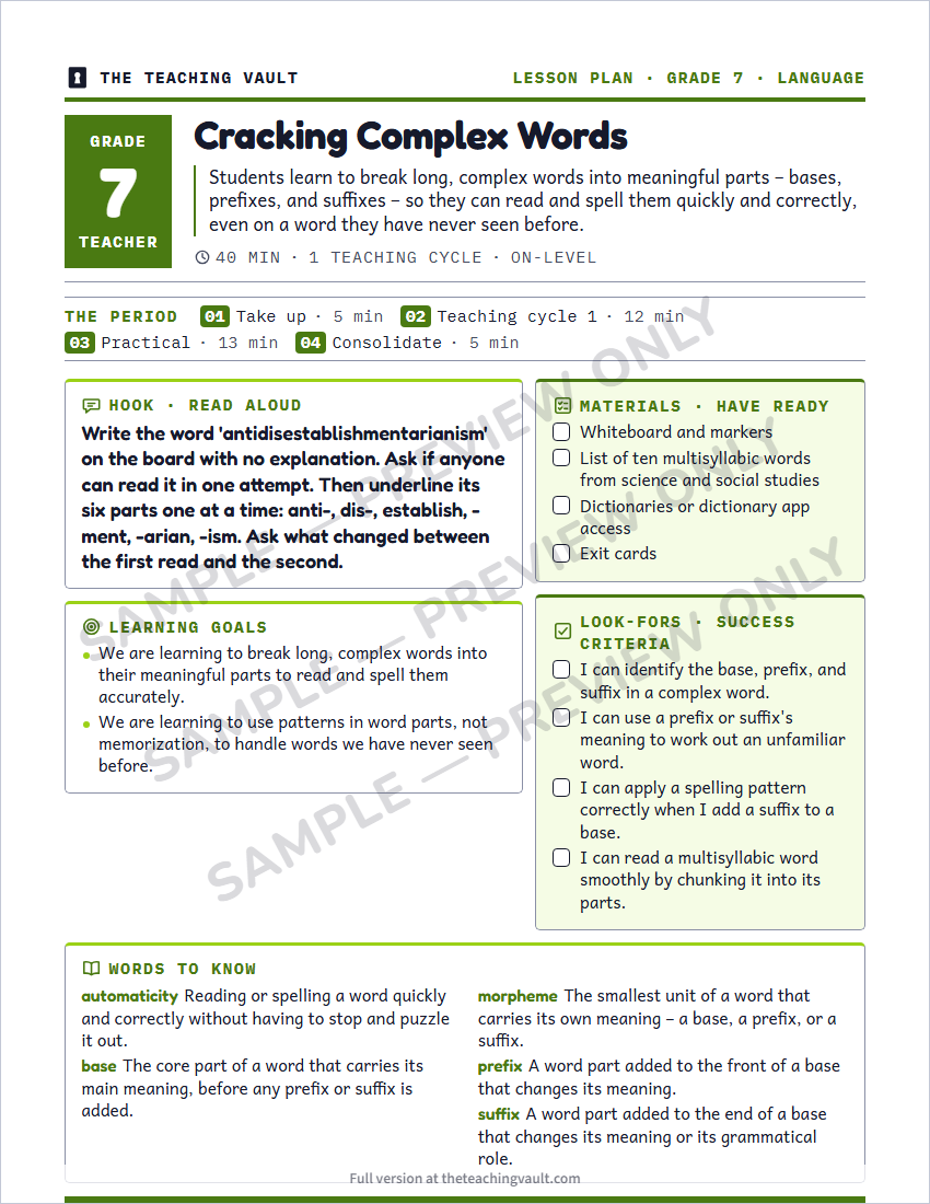 Sample lesson plan page