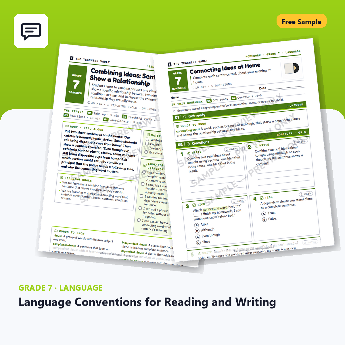 Free Grade 7 Language Conventions for Reading and Writing lesson sample cover