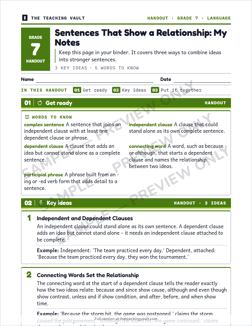 Grade 7 Language Conventions for Reading and Writing unit - sample handout page, watermarked preview