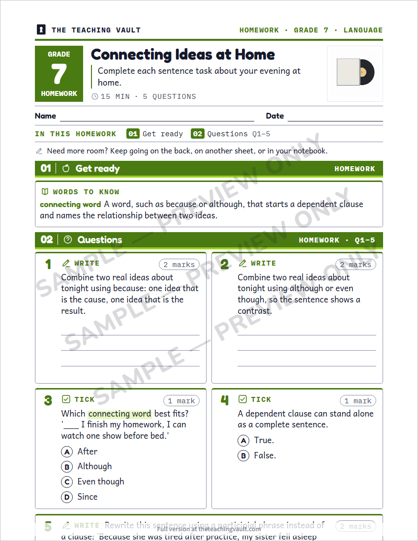 Grade 7 Language Conventions for Reading and Writing unit - sample homework page, watermarked preview