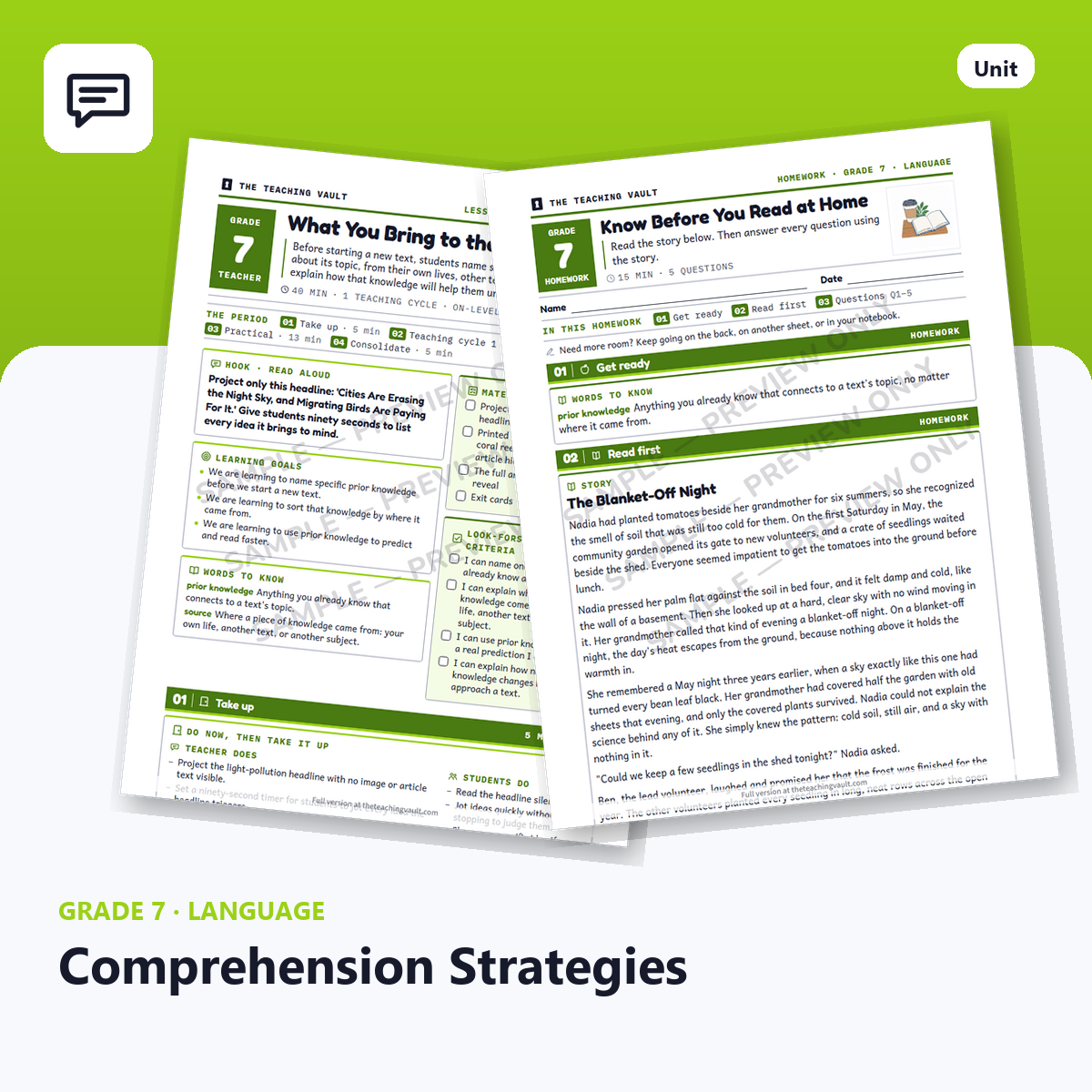 Grade 7 Language Comprehension Strategies unit cover: lesson plans, worksheets and homework
