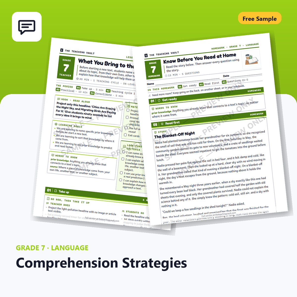 Free Grade 7 Language Comprehension Strategies lesson sample cover