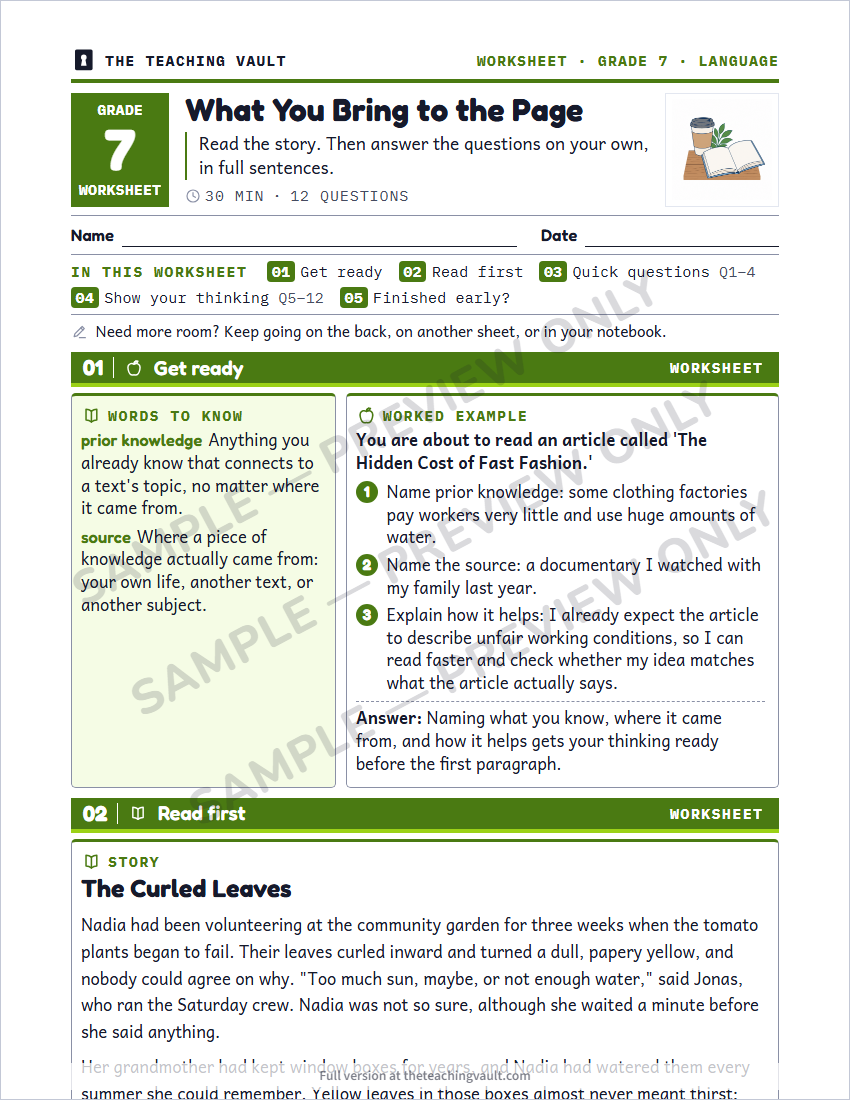Grade 7 Comprehension Strategies unit - sample worksheet page, watermarked preview