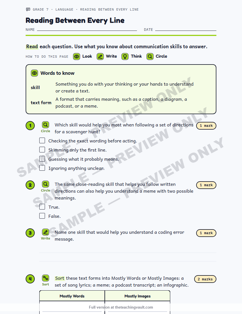 Grade 7 Language course - sample worksheet page, watermarked preview