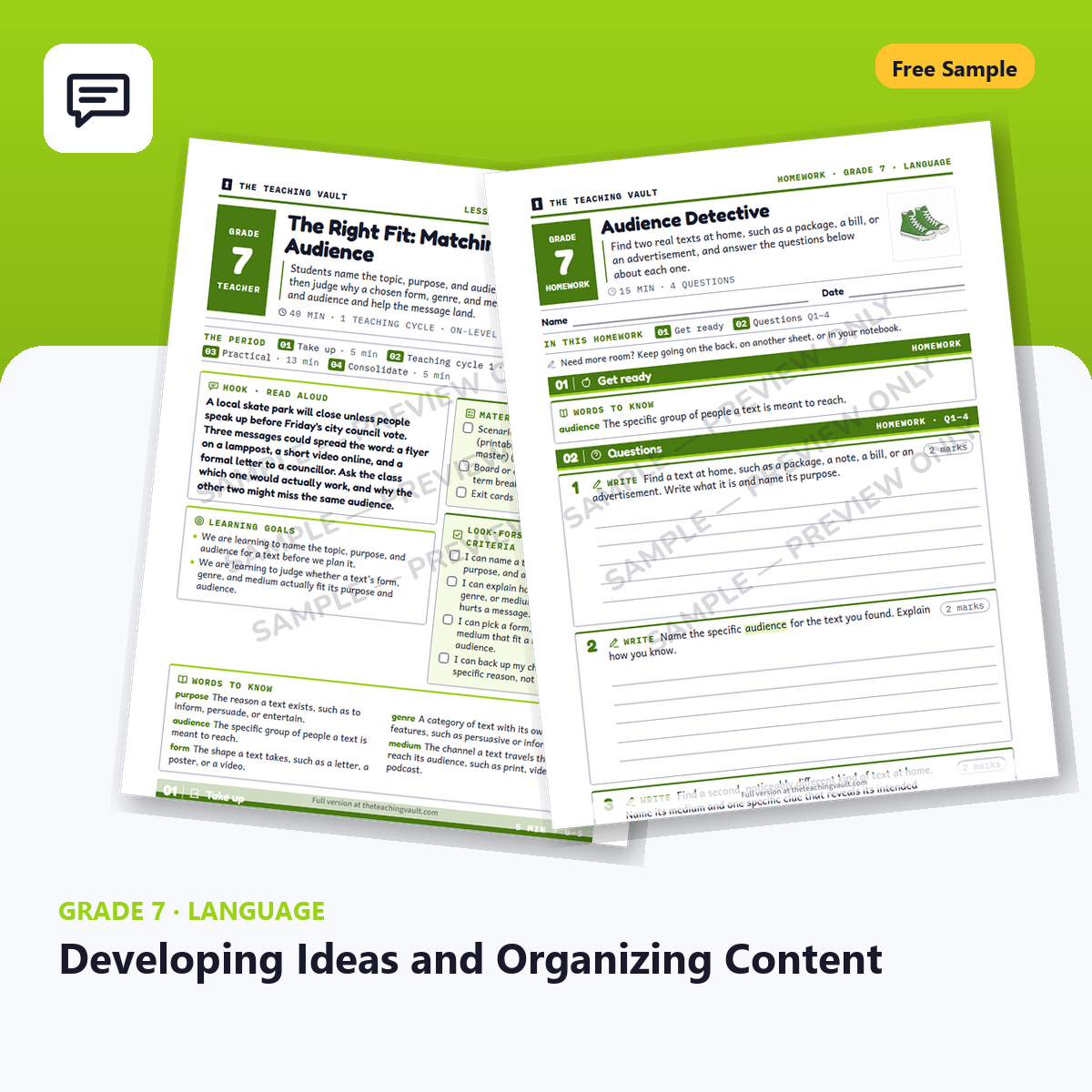 Free Grade 7 Language Developing Ideas and Organizing Content lesson sample cover