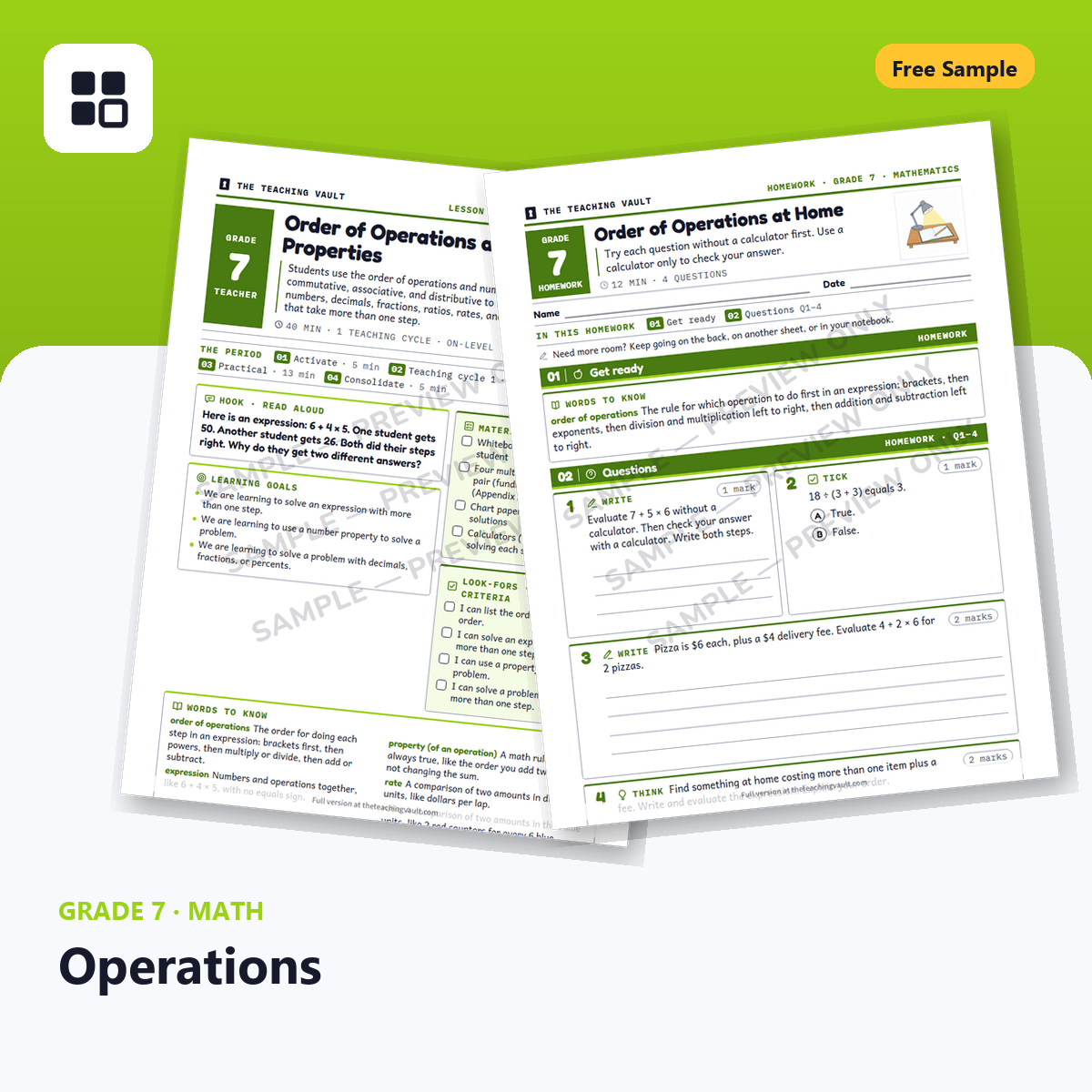 Grade 7 Operations Free Sample cover