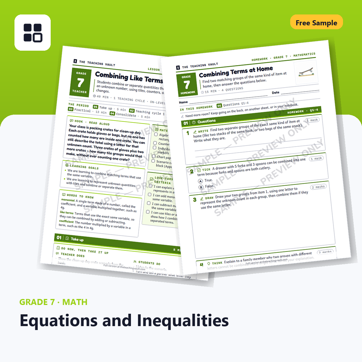 Grade 7 Equations Free Sample cover