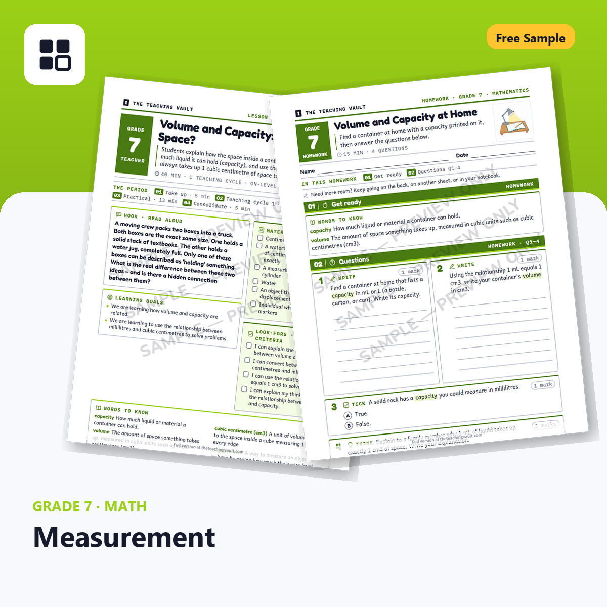 Grade 7 Measurement Free Sample cover