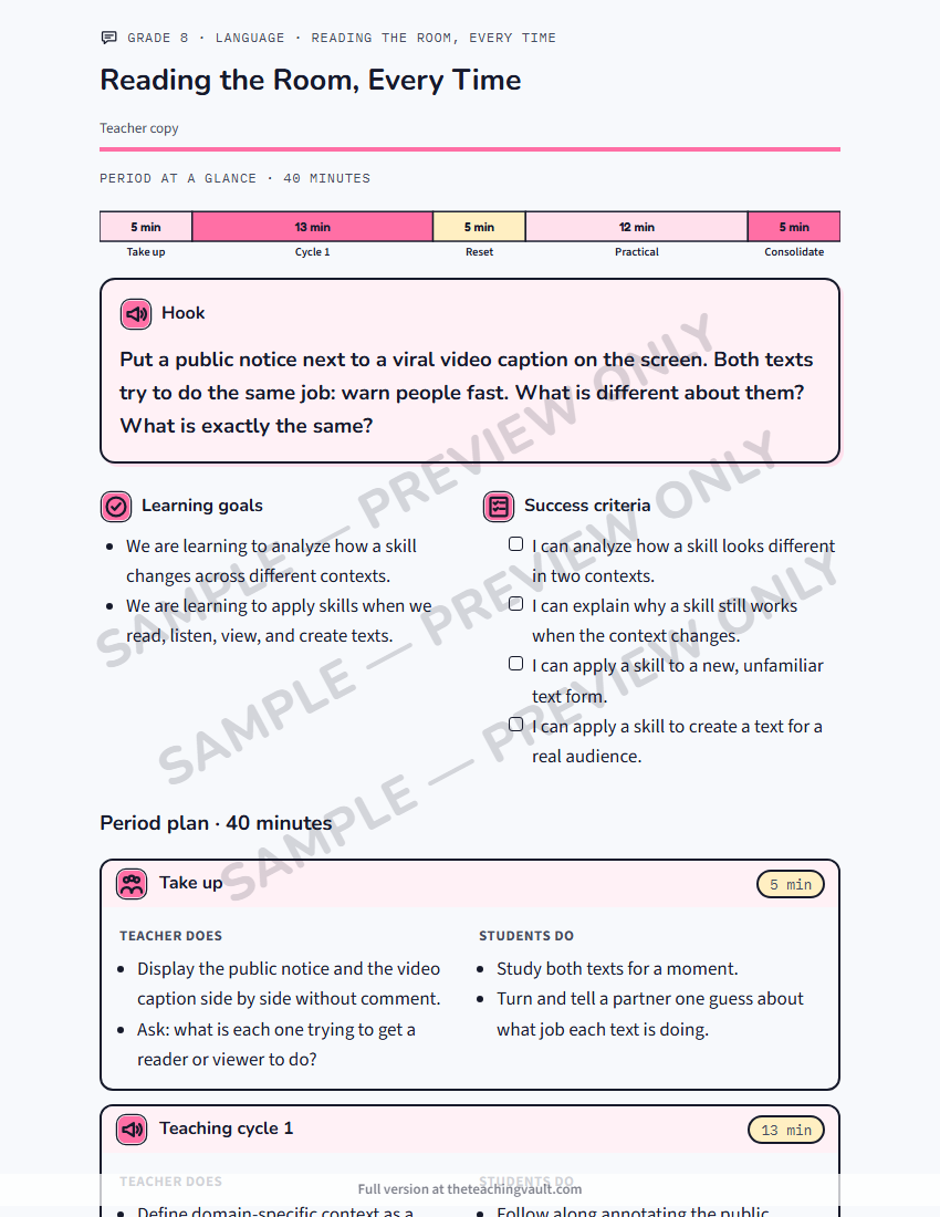 Sample lesson plan page