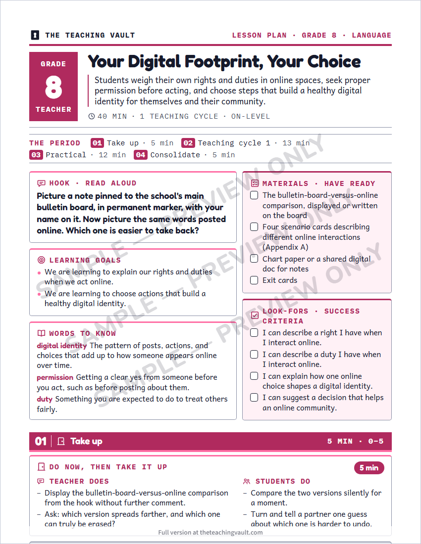 Sample lesson plan page