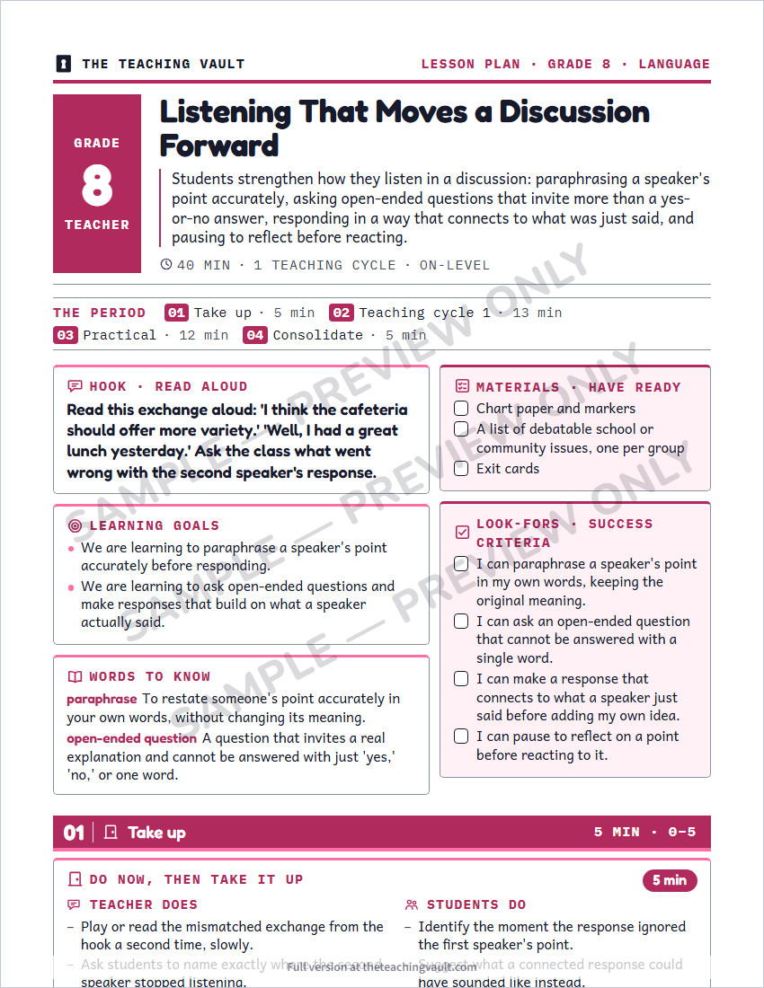 Sample lesson plan page