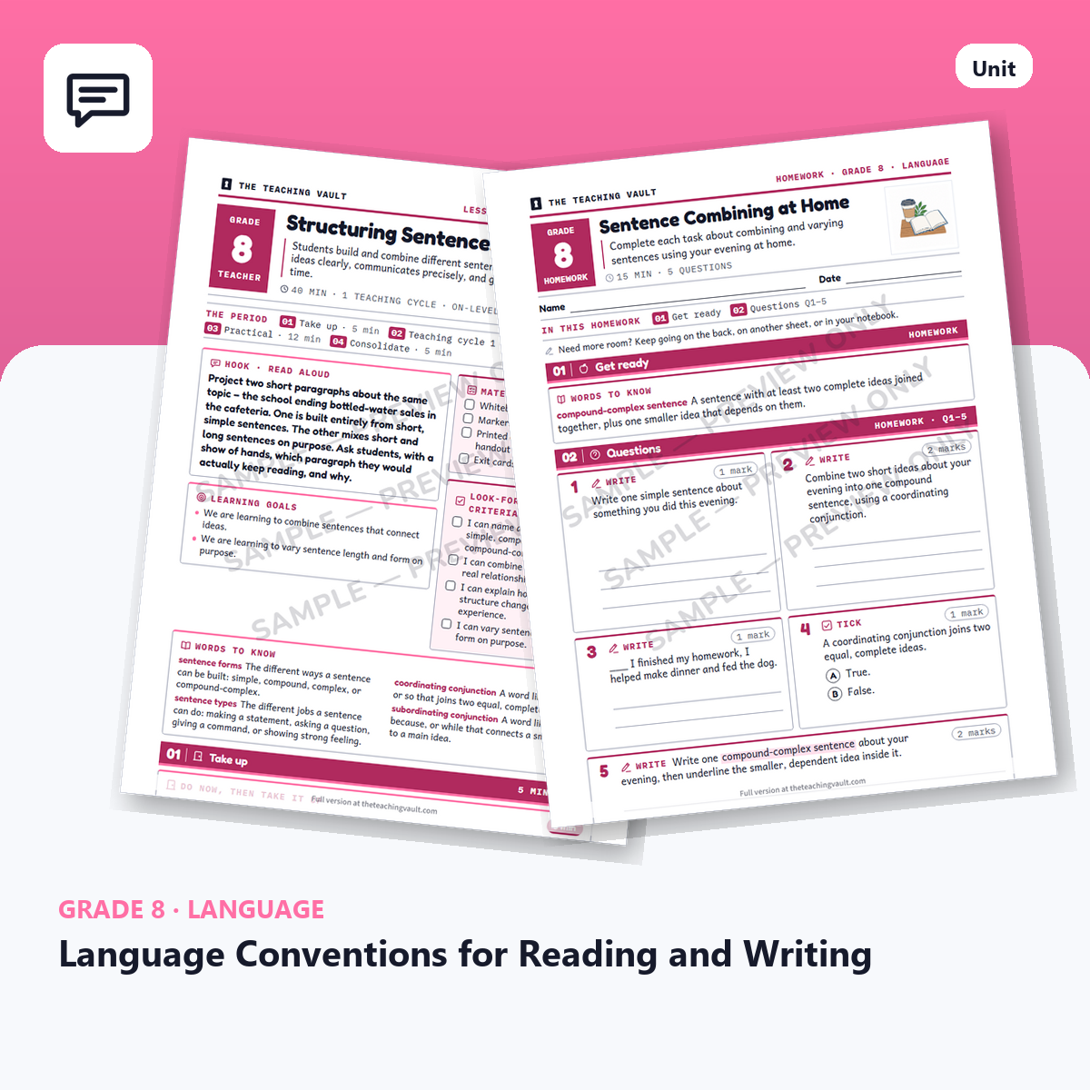 Grade 8 Language Conventions for Reading and Writing — Full Unit (Unit 6 of 12) cover