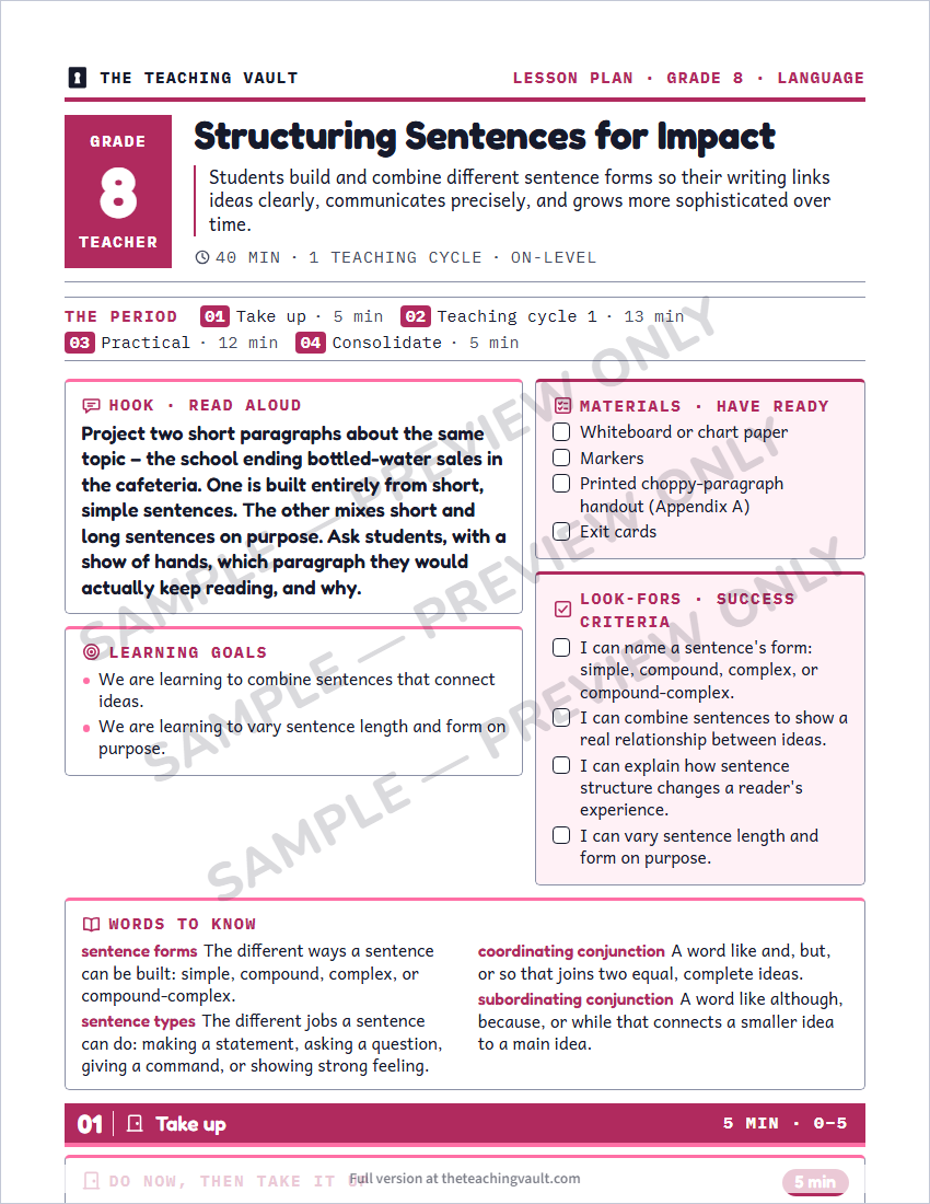 Sample lesson plan page