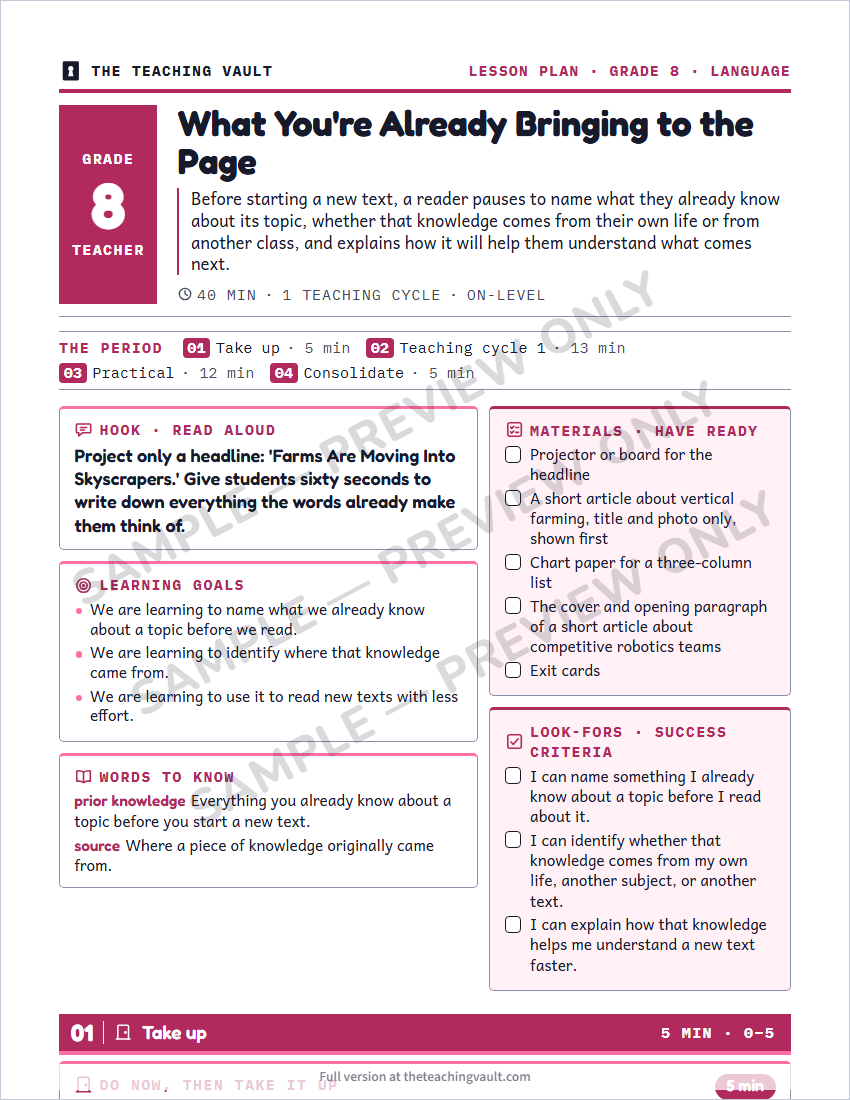 Sample lesson plan page