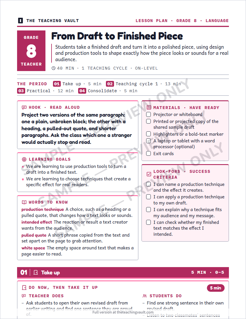 Sample lesson plan page