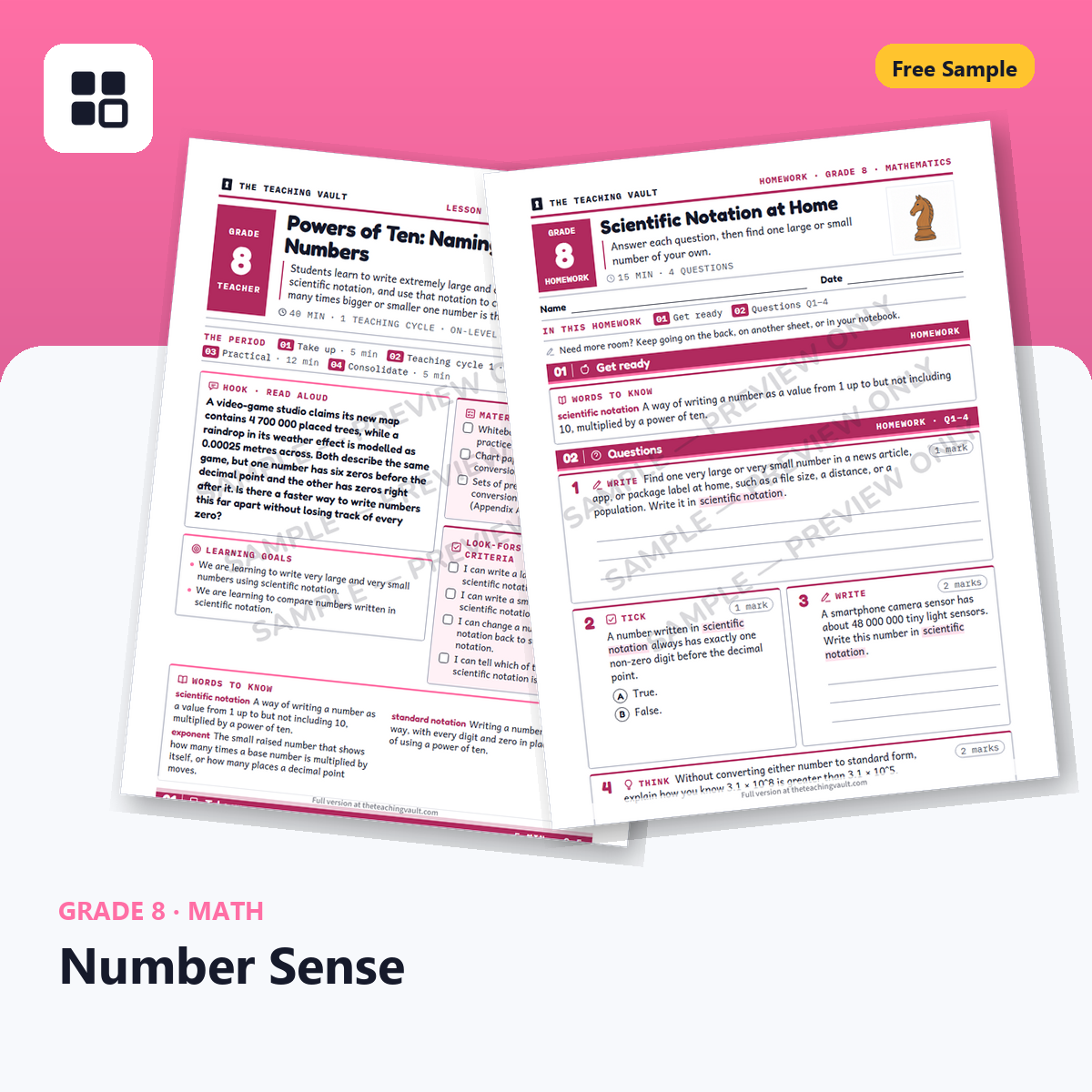 Grade 8 Number Sense Free Sample cover