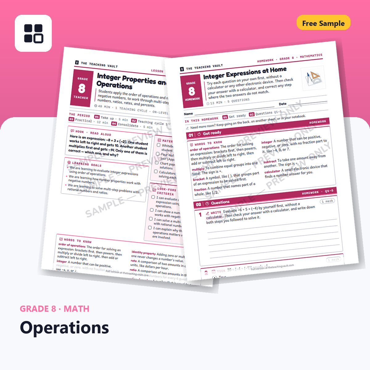 Grade 8 Operations Free Sample cover