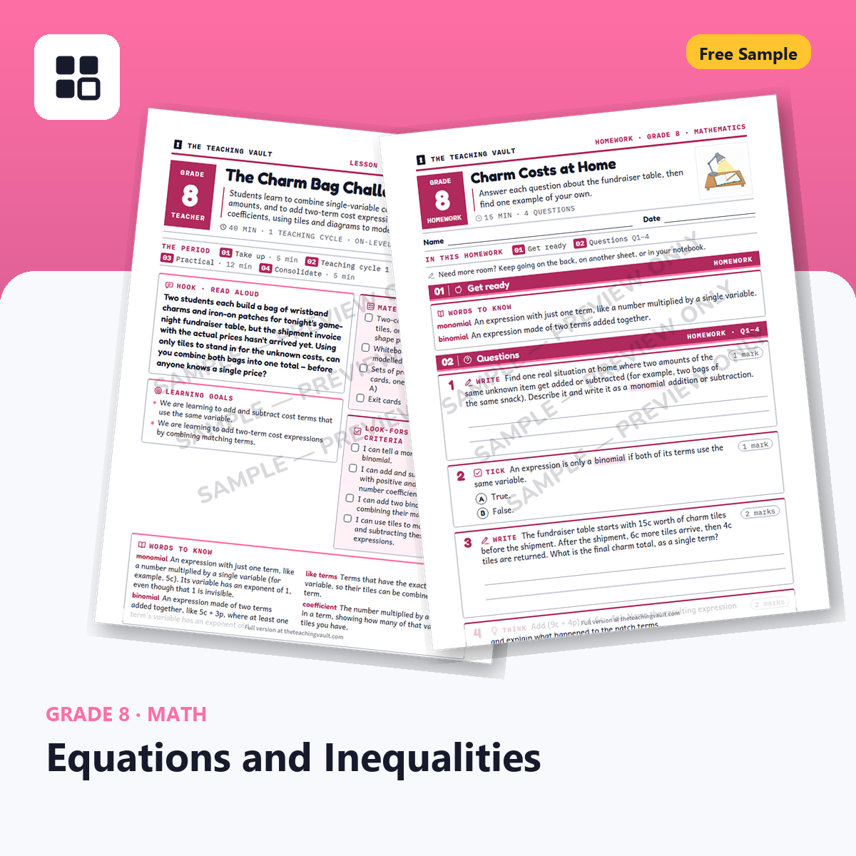 Grade 8 Equations Free Sample cover
