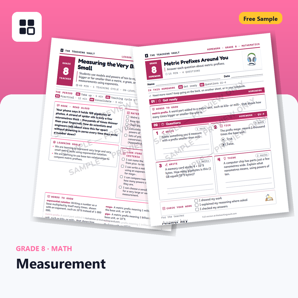 Grade 8 Measurement Free Sample cover