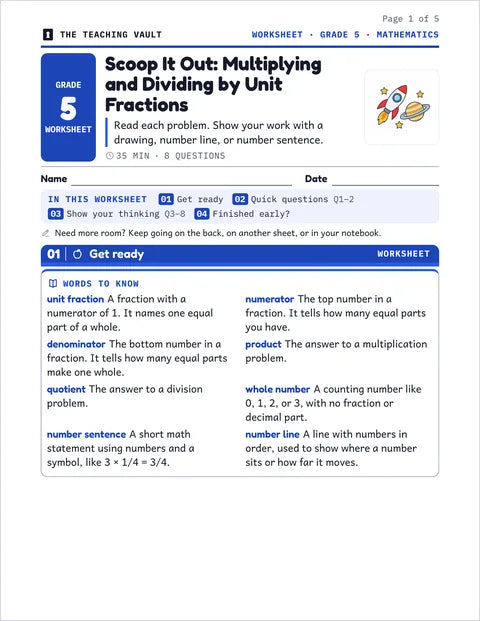 A Grade 5 Math fractions worksheet page, ready to print