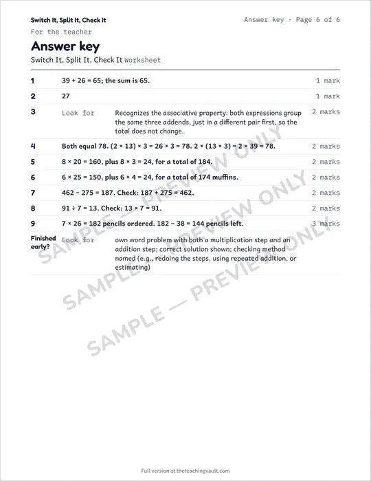 Sample answer key page, Grade 4